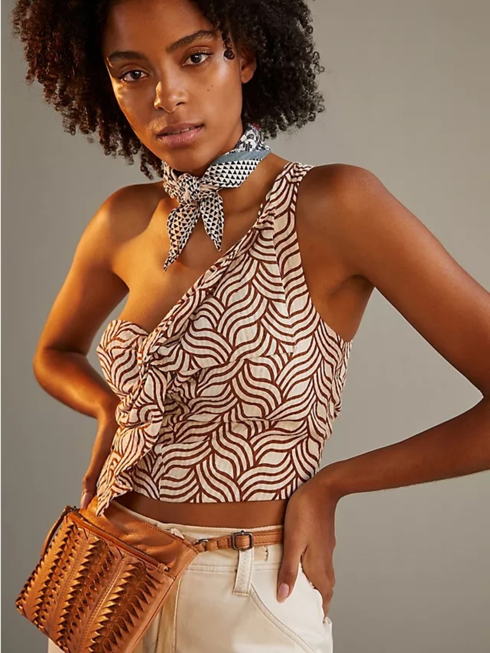 ANTHROPOLOGIE One-Shoulder Brown Printed Crop Top